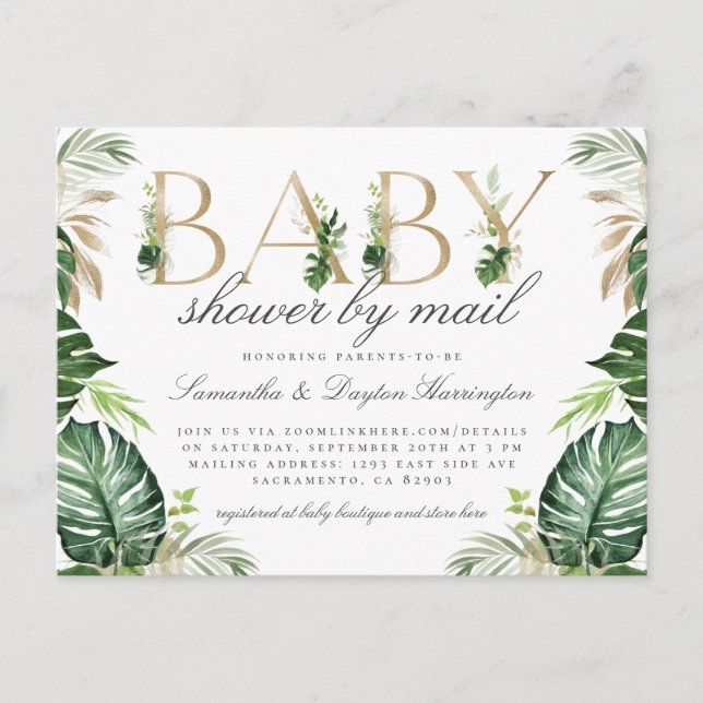 Moderne tropische Vegetation Gold Babydusche per P Einladungspostkarte (Vorderseite)