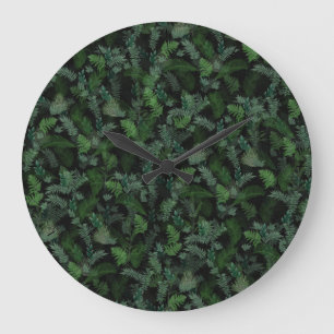 Moderne tropische Vegetation Schwarzes Grün Foliag Große Wanduhr