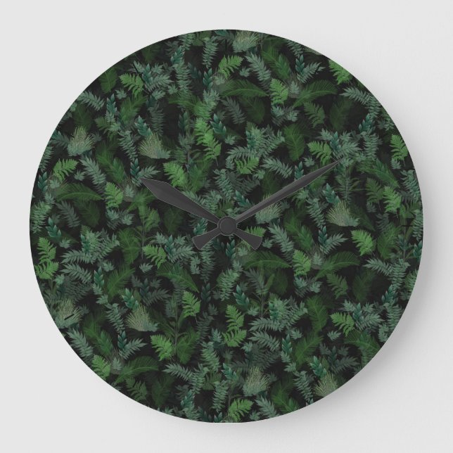Moderne tropische Vegetation Schwarzes Grün Foliag Große Wanduhr (Vorderseite)