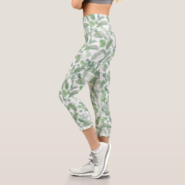 Moderne tropische Vegetation Weißes Grün Capri Leggings (Links)