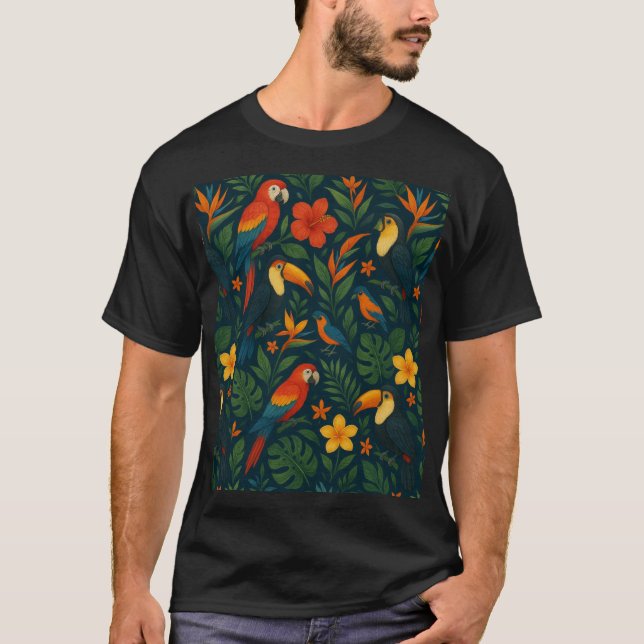Moderne tropische Vögel mit Blume T-Shirt (Vorderseite)