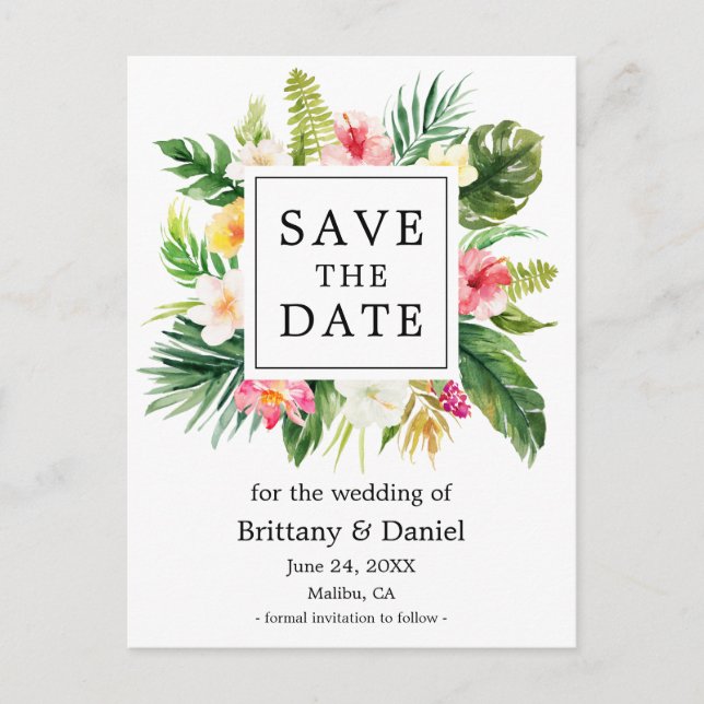 Moderne tropische Wasserfarben Save the Date Ankündigungspostkarte (Vorderseite)