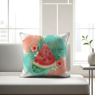 Moderne tropische Wassermelone und Hibiskus-Wasser Kissen