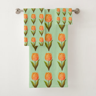 Moderne Tulpenblumenmuster auf Hellgrün Badhandtuch Set
