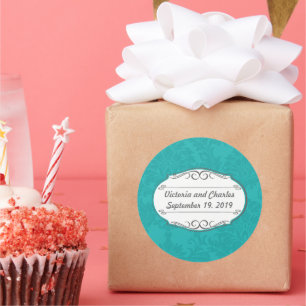 Moderne Türkis Aquamarin Blue Damask Hochzeit Runder Aufkleber