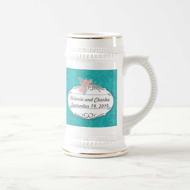 Moderne Türkis-Chartreuse Damask Hochzeit Bierglas (Rechts)