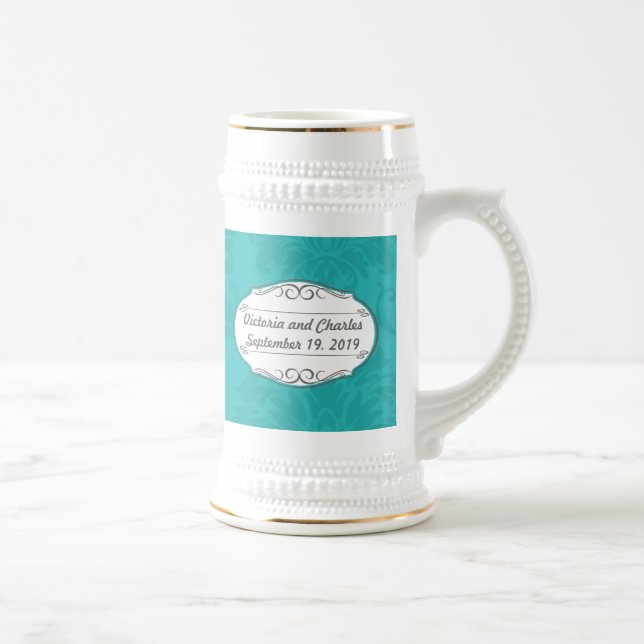 Moderne Türkis-Chartreuse Damask Hochzeit Bierglas (Rechts)