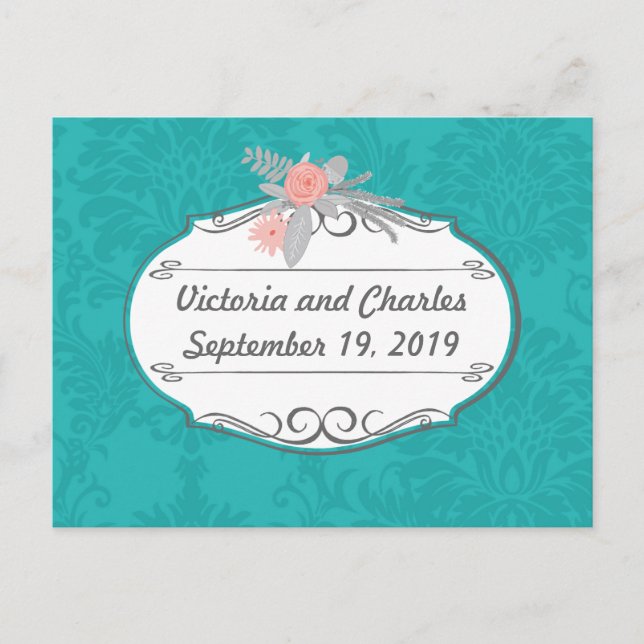 Moderne Türkis-Chartreuse Damask Hochzeit Postkarte (Vorderseite)