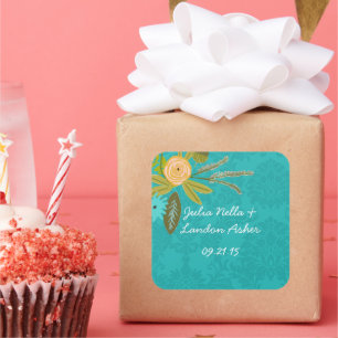 Moderne Türkis-Chartreuse Damask Hochzeit Quadratischer Aufkleber