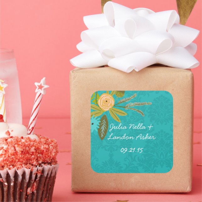 Moderne Türkis-Chartreuse Damask Hochzeit Quadratischer Aufkleber (Party)