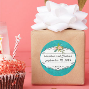 Moderne Türkis-Chartreuse Damask Hochzeit Runder Aufkleber