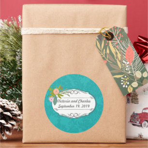 Moderne Türkis-Chartreuse Damask Hochzeit Runder Aufkleber