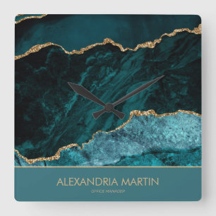 Moderne Türkis-Gold-Glitter-Marmor-Büro-Monogramm Quadratische Wanduhr