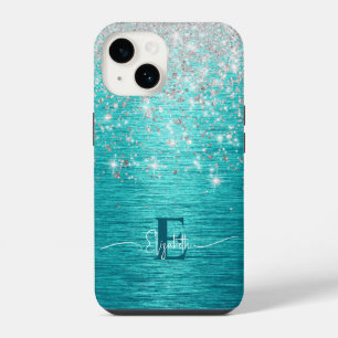 Moderne Türkis Silber Kunstglitter Monogramm iPhone 14 Hülle