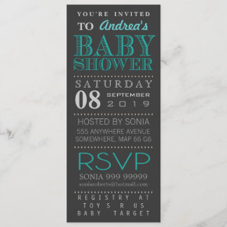 Moderne Türkis-Typografie-Babyparty lang Einladung