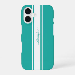 Moderne Türkis Weiße Rennstreifen Monogramm Chic iPhone 16 Hülle