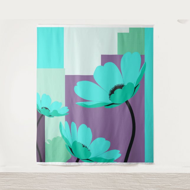 Moderne Türkisblaue Blumenwandteppich Wandteppich (Vorderseite)