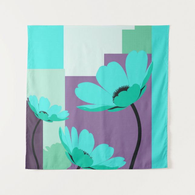 Moderne Türkisblaue Blumenwandteppich Wandteppich (Vorderseite)
