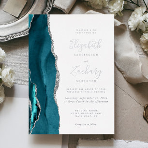 Moderne Türkisblaue Silber-Achat-Hochzeit Folieneinladung