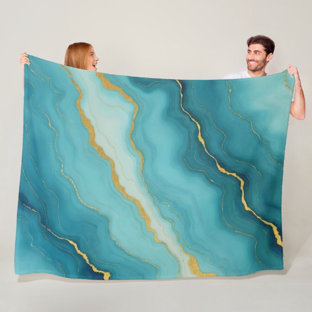 Moderne türkisfarbene Blue Gold Marmor Collection Fleecedecke (Beispiel)