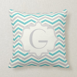 Moderne türkisfarbene, graue, ivorische Zickzack M Kissen