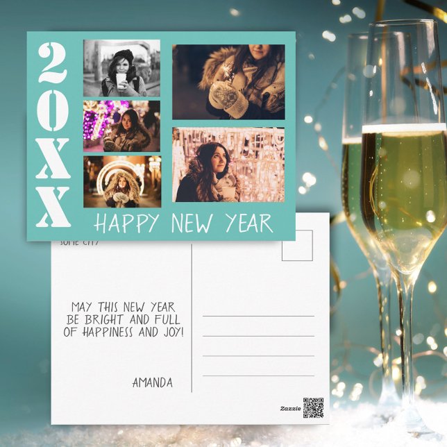 Moderne türkisfarbene Happy New Year 5 FotoCollage Postkarte (Von Creator hochgeladen)