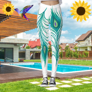 Moderne türkisfarbene Pfauenfedern Weiße Leggings