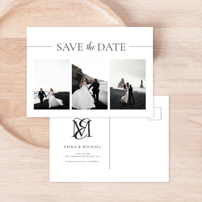 Moderne Typografie 3 Foto Wedding Save the Date Ankündigungspostkarte (Von Creator hochgeladen)