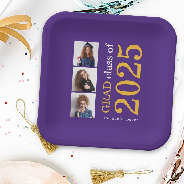 Moderne Typografie 3 Fotos Lila 2025 Abschluss Pappteller (front view)