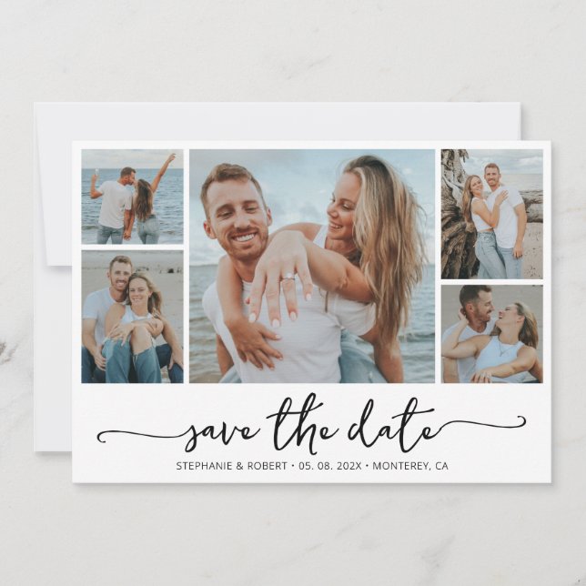 Moderne Typografie 5 Foto Collage Wedding Save The Date (Vorderseite)