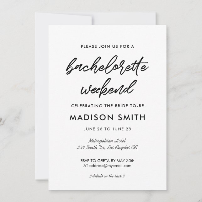 Moderne Typografie Bachelorette Weekend Party Einladung (Vorderseite)