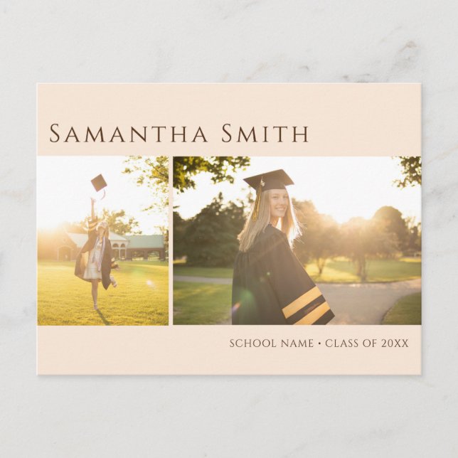 Moderne Typografie Beige Einfach 2 Foto Abschluss Ankündigungspostkarte (Vorderseite)