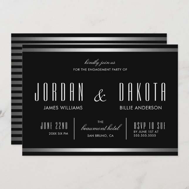 Moderne Typografie Black & Silver Engagement Party Einladung (Vorne/Hinten)