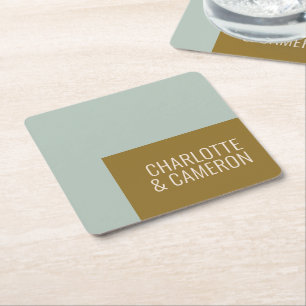 Moderne Typografie Blaue und Olivfarbene Hochzeit Rechteckiger Pappuntersetzer