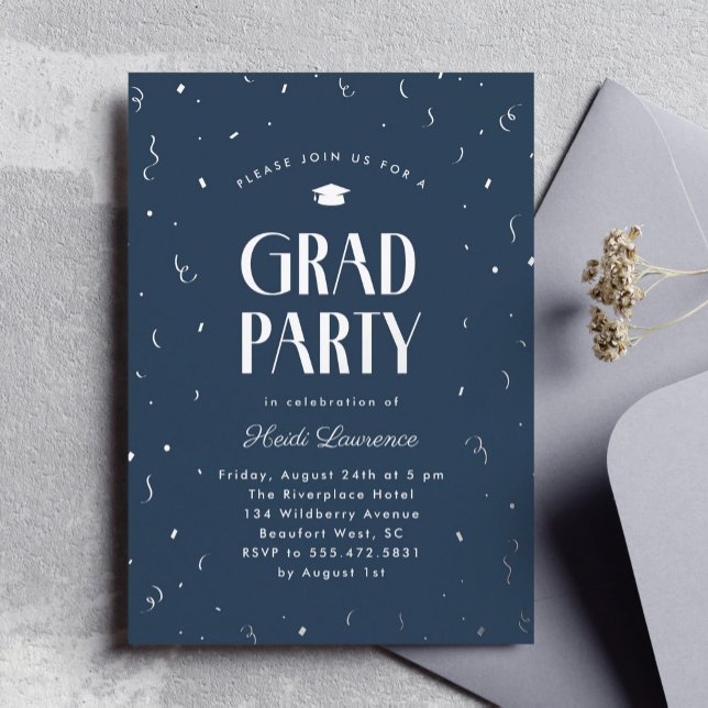 Moderne Typografie Blue and Silver Graduation Part Folieneinladung (blue and silver foil graduation party invitation with modern typography)