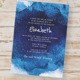 Moderne Typografie Blue Watercolor Bat Mitzvah Einladung