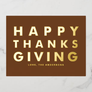 Moderne Typografie Brown Happy Thanksgiving Gold Folien Feiertagspostkarte