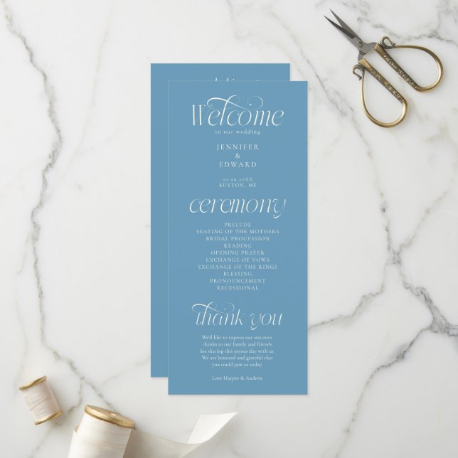 Moderne Typografie Denim Blaues Hochzeitsprogramm Programm (Vorderseite/Rückseite Beispiel)