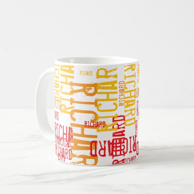 Moderne Typografie, die gelb-rot wiederholt Kaffeetasse (Vorderseite Links)