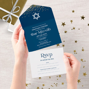Moderne Typografie Dunkelblaue Konfetti Bar Mitzwa All In One Einladung