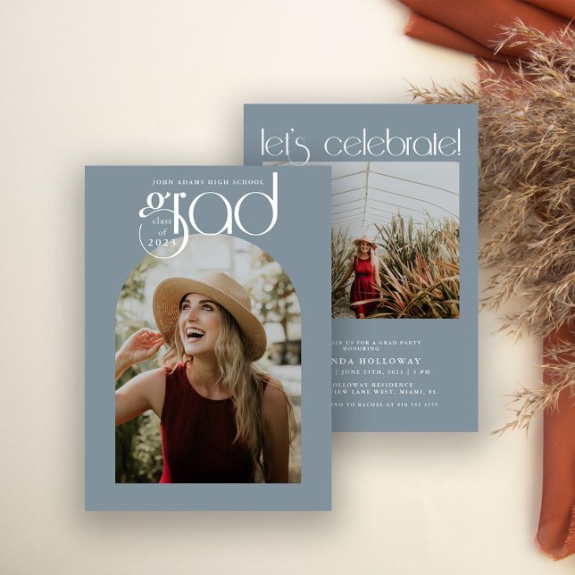 Moderne Typografie Dusty Blue 2 Foto Abschluss Einladung (Von Creator hochgeladen)