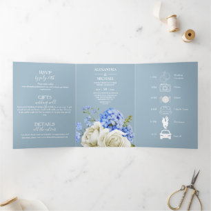 Moderne Typografie Dusty Blue Botanical Wedding Tr Dreifach Gefaltete Einladung