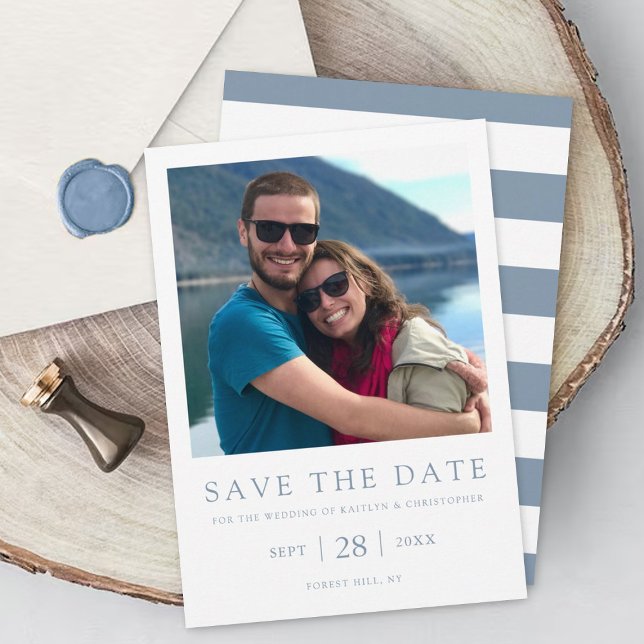 Moderne Typografie Dusty Blue Minimalistisches Fot Save The Date (Von Creator hochgeladen)