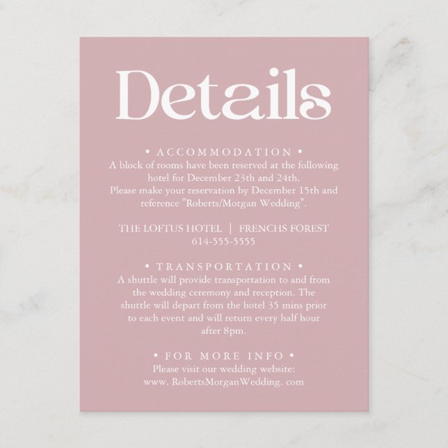 Moderne Typografie Dusty Rose Hochzeitdetails Begleitkarte (Vorderseite)
