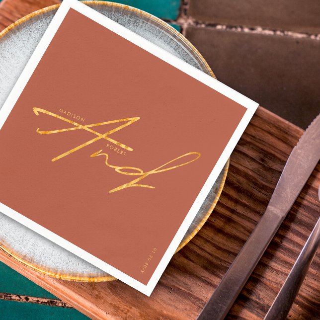Moderne Typografie Einfache Terracotta Gold Hochze Serviette (Von Creator hochgeladen)