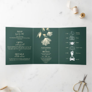 Moderne Typografie Emerald Green Botanical Wedding Dreifach Gefaltete Einladung