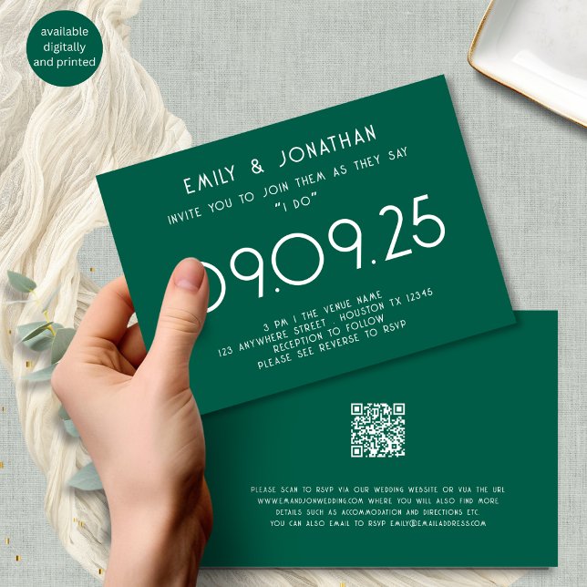Moderne Typografie Emerald Green Wedding Einladung (Front and back view)