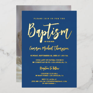 Moderne Typografie Foto blaues Gold Elegante Taufe Folien Feiertagskarte