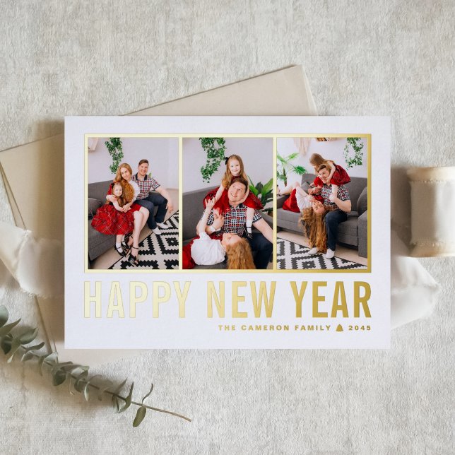 Moderne Typografie Foto Collage Happy New Year (Send new year cheer with this customizable gold foil three-photo-collage Happy New Year Card. )