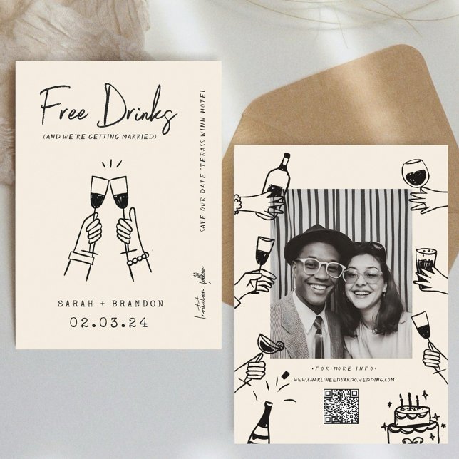 Moderne Typografie FunnyFree Drinks Foto Qr Code Save The Date (Von Creator hochgeladen)
